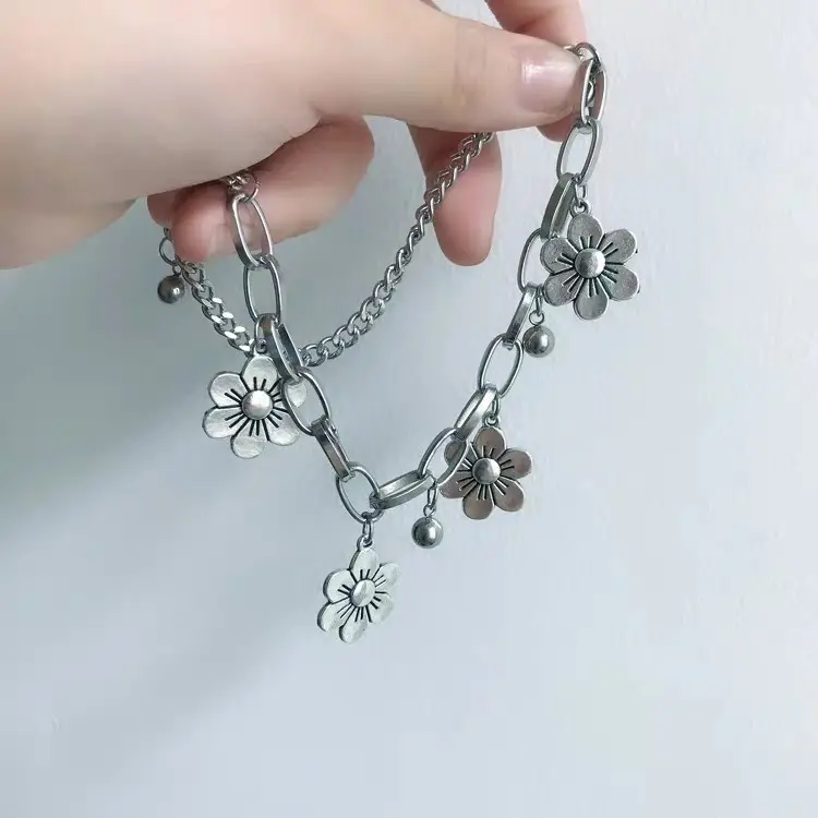 Picture of Flower Bracelet Anklet Woman Layered Bracelets Ladies Round Hollow Fashion Simplicity Chain Punk Silver Color Zinc Alloy Brincos