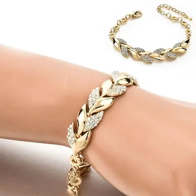 Picture of Bohemian Style Women Girls  Bracelet Rhinestone Leaves Chain Bangle Luxury Wedding Jewelry Simple Fashion Elegant