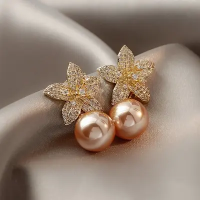 Picture of Rose Gold Flower Dangle Earrings for Women Silver Needle Full Rhinestone Flower Earrings 2022 Korean Fashion Cute Jewelry - Ear Ring