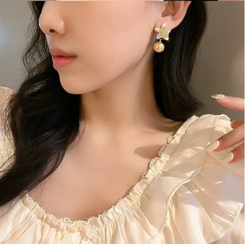 Picture of Rose Gold Flower Dangle Earrings for Women Silver Needle Full Rhinestone Flower Earrings 2022 Korean Fashion Cute Jewelry - Ear Ring