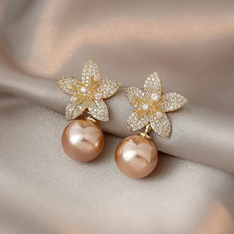 Picture of Rose Gold Flower Dangle Earrings for Women Silver Needle Full Rhinestone Flower Earrings 2022 Korean Fashion Cute Jewelry - Ear Ring