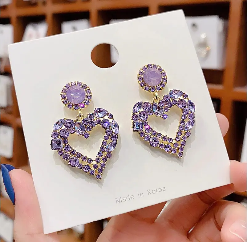 Picture of Aensoa Fashion Korean Heart Rhinestone Drop Earrings For Women 2021 Shiny Geometry Statement Earrings Party Jewelry New Gift - Ear Ring