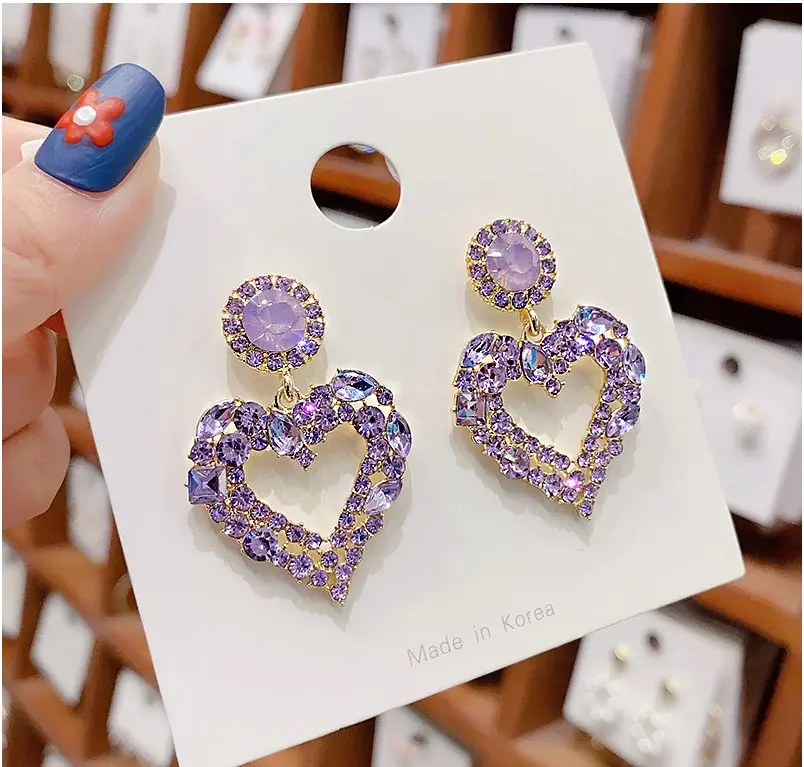 Picture of Aensoa Fashion Korean Heart Rhinestone Drop Earrings For Women 2021 Shiny Geometry Statement Earrings Party Jewelry New Gift - Ear Ring