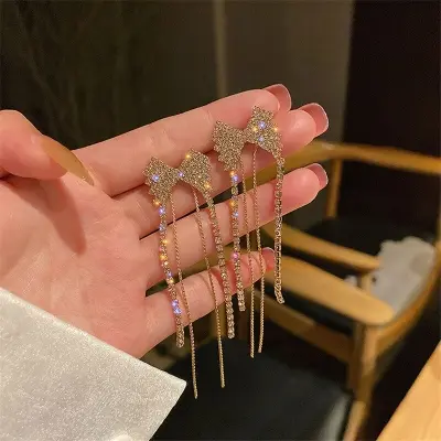 Picture of Long Tassel Butterfly Drop Earrings 2022 Fashion Luxury Shinning Rhinestone Wedding Party Jewelry Statement Dangle Earring - Ear Ring
