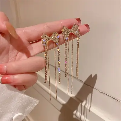 Picture of Long Tassel Butterfly Drop Earrings 2022 Fashion Luxury Shinning Rhinestone Wedding Party Jewelry Statement Dangle Earring - Ear Ring