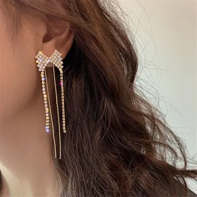 Picture of Long Tassel Butterfly Drop Earrings 2022 Fashion Luxury Shinning Rhinestone Wedding Party Jewelry Statement Dangle Earring - Ear Ring