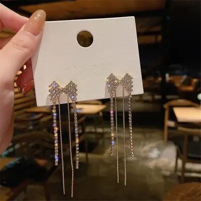 Picture of Long Tassel Butterfly Drop Earrings 2022 Fashion Luxury Shinning Rhinestone Wedding Party Jewelry Statement Dangle Earring - Ear Ring
