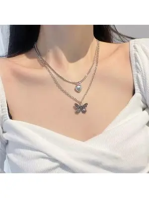 Picture of 2022 Women Men Necklace Heart Butterfly Necklace Silver Crystal Rhinestones Pendant For Girls Gift