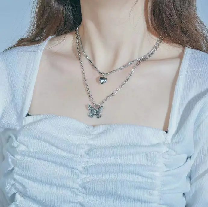 Picture of 2022 Women Men Necklace Heart Butterfly Necklace Silver Crystal Rhinestones Pendant For Girls Gift