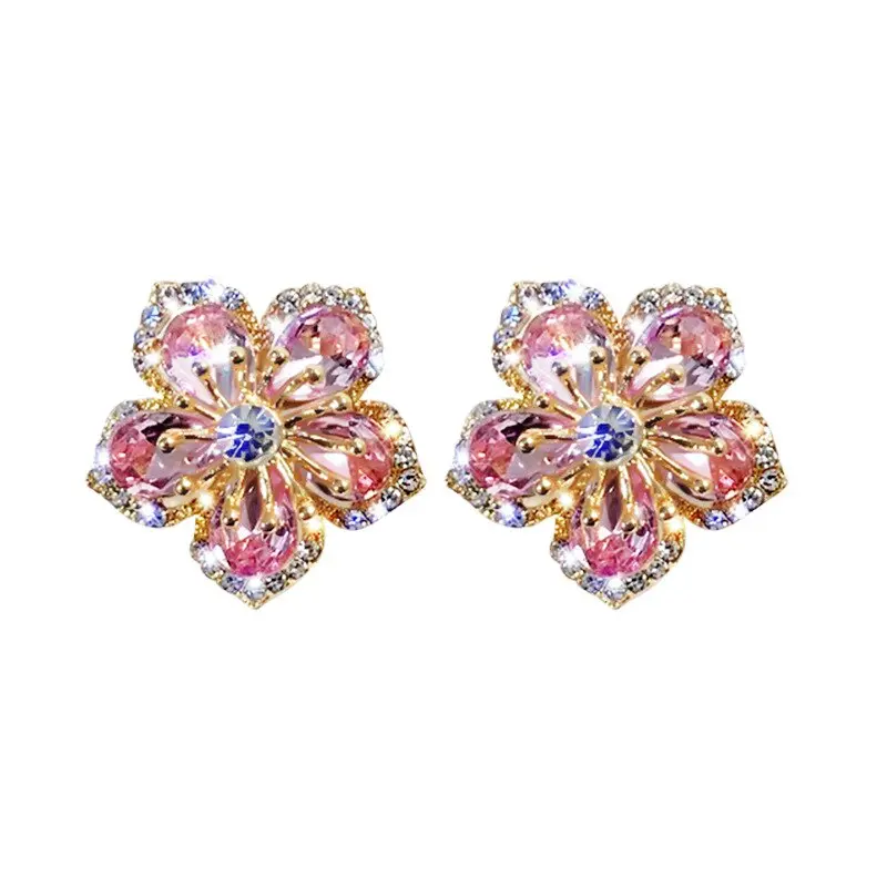 Picture of New Korea Sweet Cute Flower Crystal Temperament Geometric Shiny Zircon Earrings Statement Earrings for Women Girl Pendientes