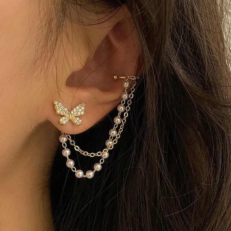 Picture of Ladies Fashion Rhinestone Butterfly  Chain Earrings Punk Personality All-match Exquisite Asymmetrical Ear Clip Jewelry