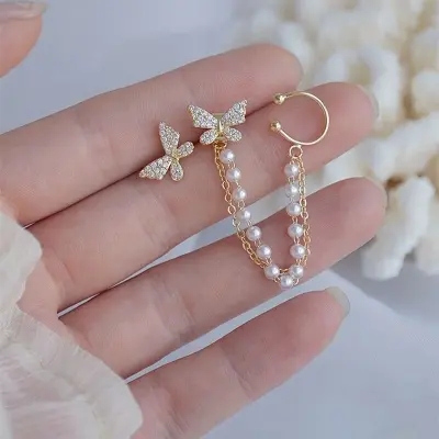 Picture of Ladies Fashion Rhinestone Butterfly  Chain Earrings Punk Personality All-match Exquisite Asymmetrical Ear Clip Jewelry