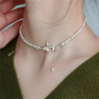 Picture of Sweet Rhinestone Bow Knot Pendant Necklace Elegant Summer Imitation  Choker Necklace For Women Jewelry Gifts