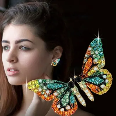 Picture of European and American Style Colorful Butterfly Earrings Ladies Wings Crystal Sweet Jewelry Rhinestone Party Fashion Earrings - Ear Ring