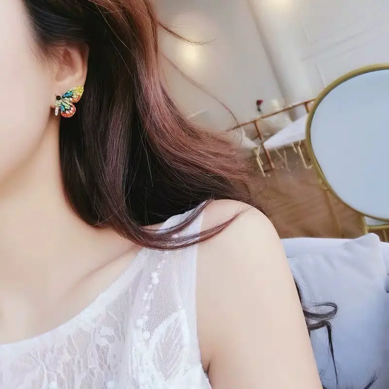 Picture of European and American Style Colorful Butterfly Earrings Ladies Wings Crystal Sweet Jewelry Rhinestone Party Fashion Earrings - Ear Ring