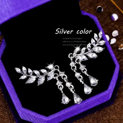 Picture of New Fashion Jewelry Shining Crystal Leaves Earrings For Women Double Cubic Zircon Tassel Earrings High Quality - Ear Ring