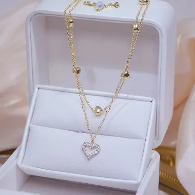 Picture of Korean Double Layer Heart Necklace Shiny Bling Zircon For Women Clavicle Chain Elegant Charm Wedding Pendant Choker Jewelry Gift - Necklace For Girls