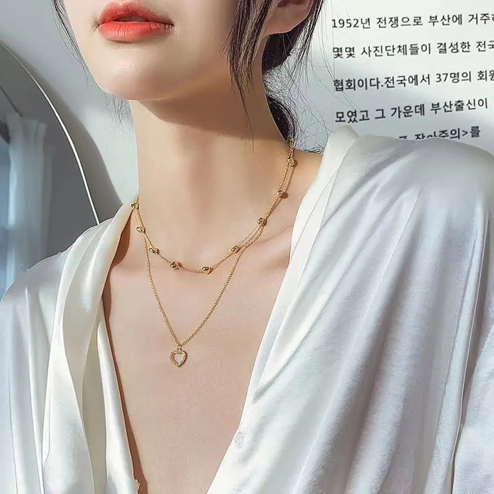 Picture of Korean Double Layer Heart Necklace Shiny Bling Zircon For Women Clavicle Chain Elegant Charm Wedding Pendant Choker Jewelry Gift - Necklace For Girls