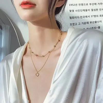 Picture of Korean Double Layer Heart Necklace Shiny Bling Zircon For Women Clavicle Chain Elegant Charm Wedding Pendant Choker Jewelry Gift - Necklace For Girls