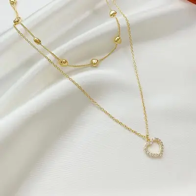 Picture of Korean Double Layer Heart Necklace Shiny Bling Zircon For Women Clavicle Chain Elegant Charm Wedding Pendant Choker Jewelry Gift - Necklace For Girls