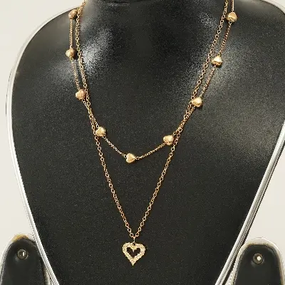 Picture of Korean Double Layer Heart Necklace Shiny Bling Zircon For Women Clavicle Chain Elegant Charm Wedding Pendant Choker Jewelry Gift - Necklace For Girls