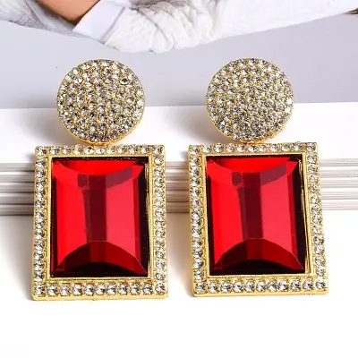 Picture of New Square Metal Big Bright Rhinestone Dangle Drop Earrings High-Quality Fashion Crystal Jewelry Accessories For Women - Ear Ring