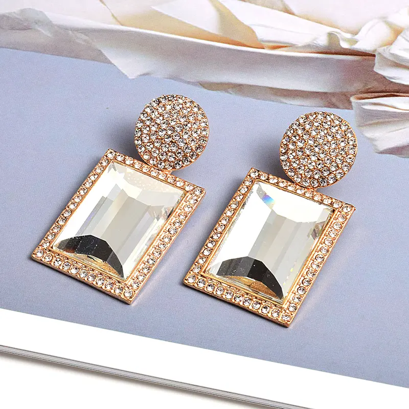 Picture of New Square Metal Big Bright Rhinestone Dangle Drop Earrings High-Quality Fashion Crystal Jewelry Accessories For Women - Ear Ring