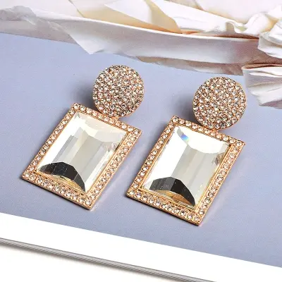 Picture of New Square Metal Big Bright Rhinestone Dangle Drop Earrings High-Quality Fashion Crystal Jewelry Accessories For Women - Ear Ring
