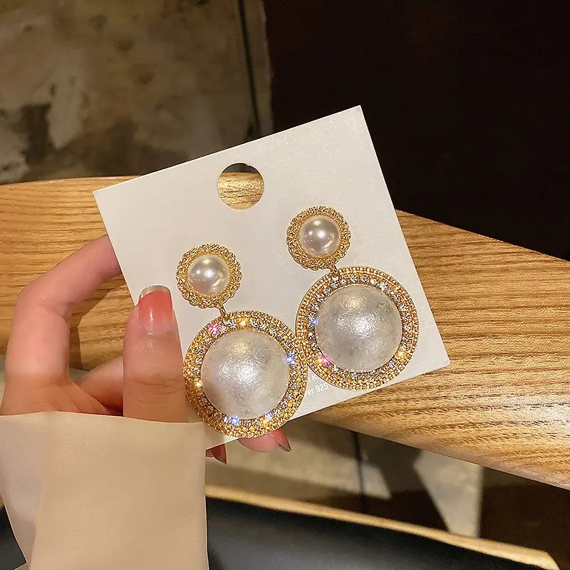 Picture of Korean Graceful Female Jewelry Temperament Simple Rhinestones Imitation Pearl Round Dangle Earrings for Women Girl Accessories - Ear Ring - Ear Ring