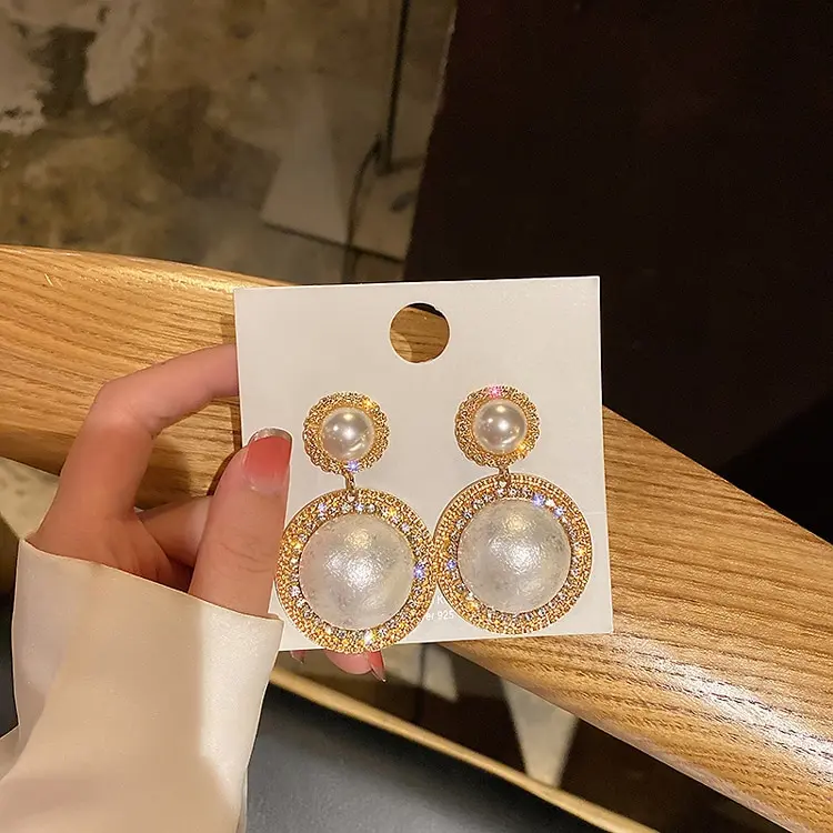 Picture of Korean Graceful Female Jewelry Temperament Simple Rhinestones Imitation Pearl Round Dangle Earrings for Women Girl Accessories - Ear Ring - Ear Ring