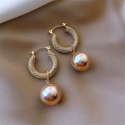 Picture of Korean New Trendy Metal Circle Big Simulated Pearl Ball Drop Earrings For Women Fashion Jewelry - Ear Ring - Ear Ring