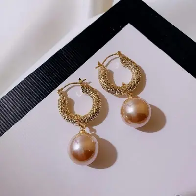 Picture of Korean New Trendy Metal Circle Big Simulated Pearl Ball Drop Earrings For Women Fashion Jewelry - Ear Ring - Ear Ring