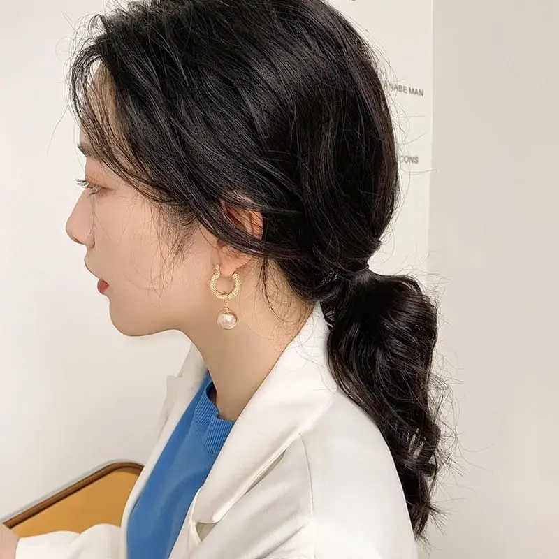 Picture of Korean New Trendy Metal Circle Big Simulated Pearl Ball Drop Earrings For Women Fashion Jewelry - Ear Ring - Ear Ring