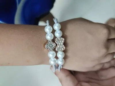 Picture of 2pcs/set Basic Knot Pearls Elastic Hair Bands For Women Girls Ponytail Holder Rubber Scrunchies Hair Accessories Set