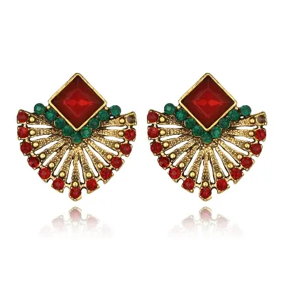 Picture of Ethnic Vintage Zircon Earrings Bohemia Fan-shaped Red Green Crystal Stud Earrings For Women New Earing Earings Jewelry Kolczyki