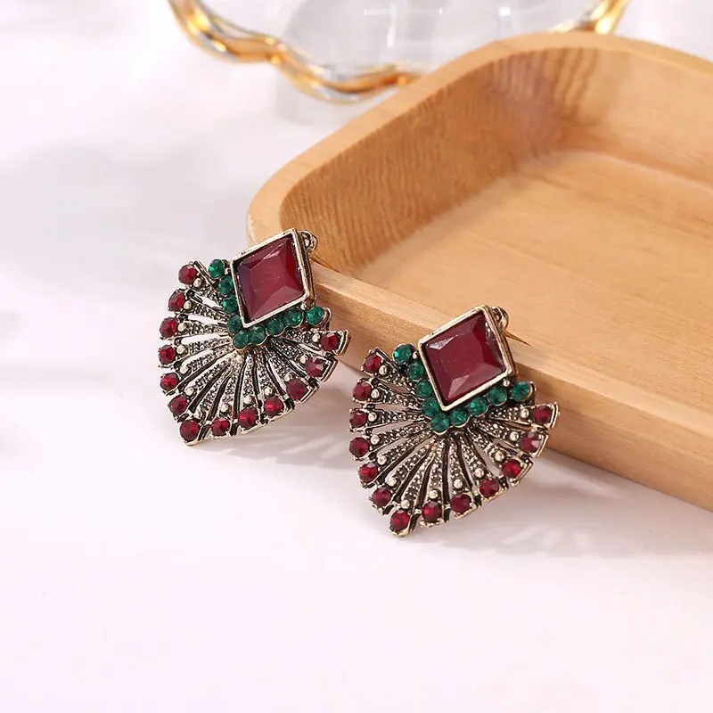 Picture of Ethnic Vintage Zircon Earrings Bohemia Fan-shaped Red Green Crystal Stud Earrings For Women New Earing Earings Jewelry Kolczyki