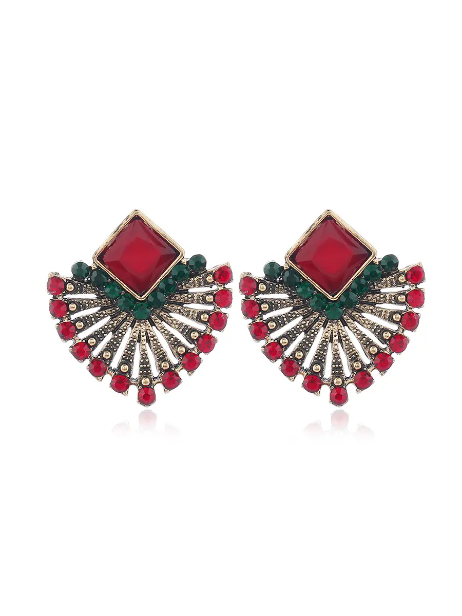 Picture of Ethnic Vintage Zircon Earrings Bohemia Fan-shaped Red Green Crystal Stud Earrings For Women New Earing Earings Jewelry Kolczyki