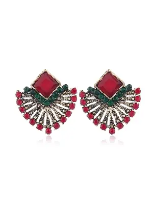 Picture of Ethnic Vintage Zircon Earrings Bohemia Fan-shaped Red Green Crystal Stud Earrings For Women New Earing Earings Jewelry Kolczyki