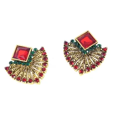 Picture of Ethnic Vintage Zircon Earrings Bohemia Fan-shaped Red Green Crystal Stud Earrings For Women New Earing Earings Jewelry Kolczyki