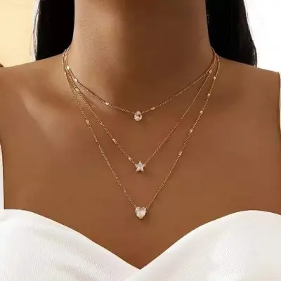 Picture of Gold plated Bohemian Long Pendant Necklaces Lady Vintage Simple Multi-layer Pentagram Love Water Necklace Statement Jewelry for Women Gift