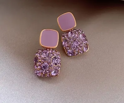 Picture of Luxury Female Crystal Zircon Stone Earrings Purple-Pink-Black-White Fashion Silver Color Jewelry Vintage Double Stud Earrings For Women