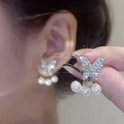 Picture of New Elegant Crystal Butterfly Back Hanging Earrings Korean Fashion Jewelry for Woman Girls Accessories