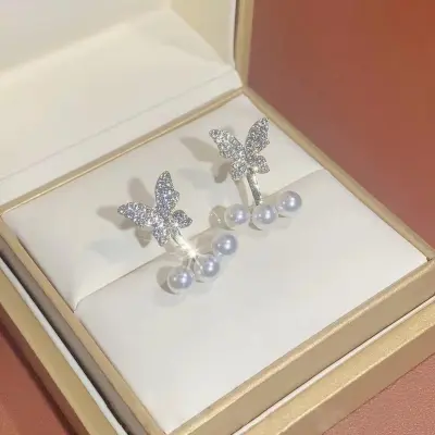 Picture of New Elegant Crystal Butterfly Back Hanging Earrings Korean Fashion Jewelry for Woman Girls Accessories