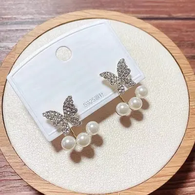 Picture of New Elegant Crystal Butterfly Back Hanging Earrings Korean Fashion Jewelry for Woman Girls Accessories