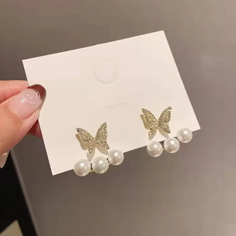 Picture of New Elegant Crystal Butterfly Back Hanging Earrings Korean Fashion Jewelry for Woman Girls Accessories