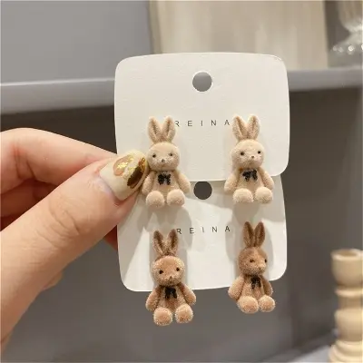 Picture of Angel coffee Color Punk Small Bear Earrings For Women Fashion Cute Flocking Rabbit Ear Studs Tredny Birthday Jewelry Gifts