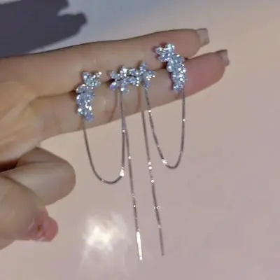 Picture of 1 pair New Fashion Silver Color Flower Heart Butterfly Clip Earrings For Women Simple Fake Cartilage Long Tassel Ear Cuff Jewelry