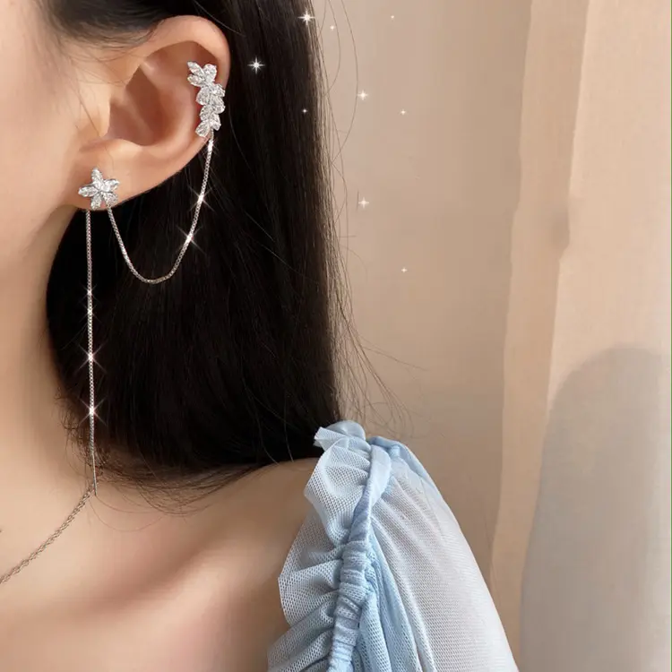 Picture of 1 pair New Fashion Silver Color Flower Heart Butterfly Clip Earrings For Women Simple Fake Cartilage Long Tassel Ear Cuff Jewelry