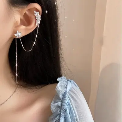 Picture of 1 pair New Fashion Silver Color Flower Heart Butterfly Clip Earrings For Women Simple Fake Cartilage Long Tassel Ear Cuff Jewelry