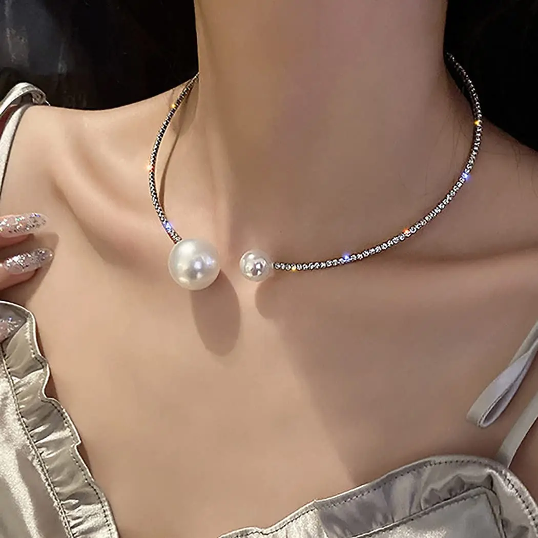 Picture of Simple Elegant Zircon Crystal Choker Necklaces for Women Pearl Rhinestone Geometric Chain Necklaces For Women Statement Jewelry
